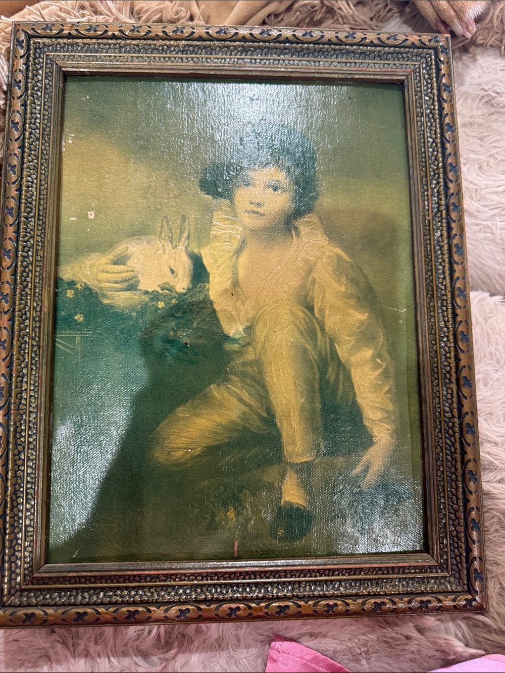 Green Vintage-Style Home Art Portrait Print Boy with rabbit